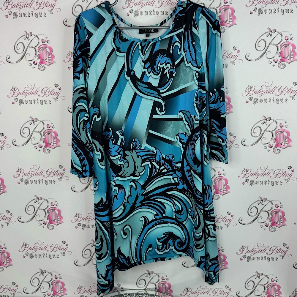 Lbisse top asymmetrical hem swirl baroque pattern Blue and Black Women's Tunic